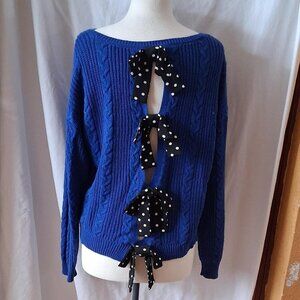Maison Jules Women's Bow-Back cable Knit Sweater Modern Blue Size Large cotton